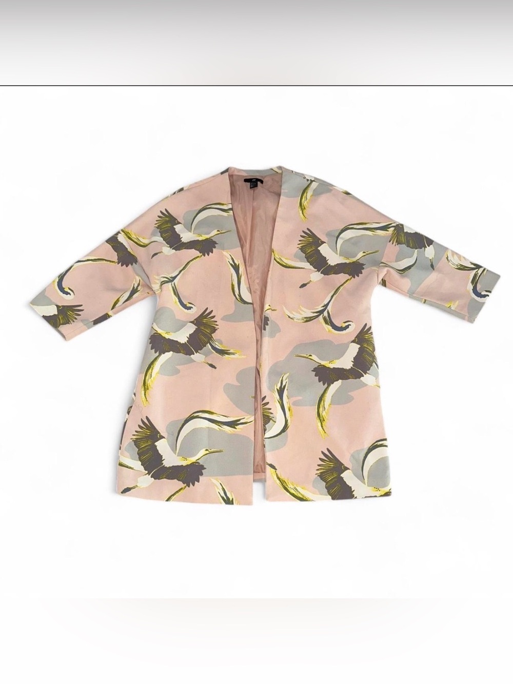 H&M Pink Peach Long Crane-Print Open Kimono Blazer Jacket Large